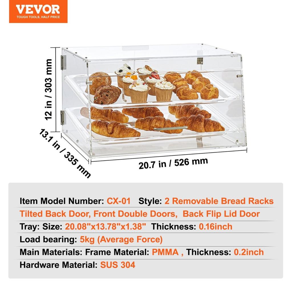 Pastry Display Case, 2-Tier Commercial Countertop Bakery Display Case, Acrylic Display Box with Rear Door Access & Removable Shelves, Keep Fresh for