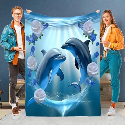 1pc Cozy & Tranquil Ocean Dream Dolphin Blue Water Underwater World with Flowers Decorative Flannel Throw Blanket - 200-250g/m2