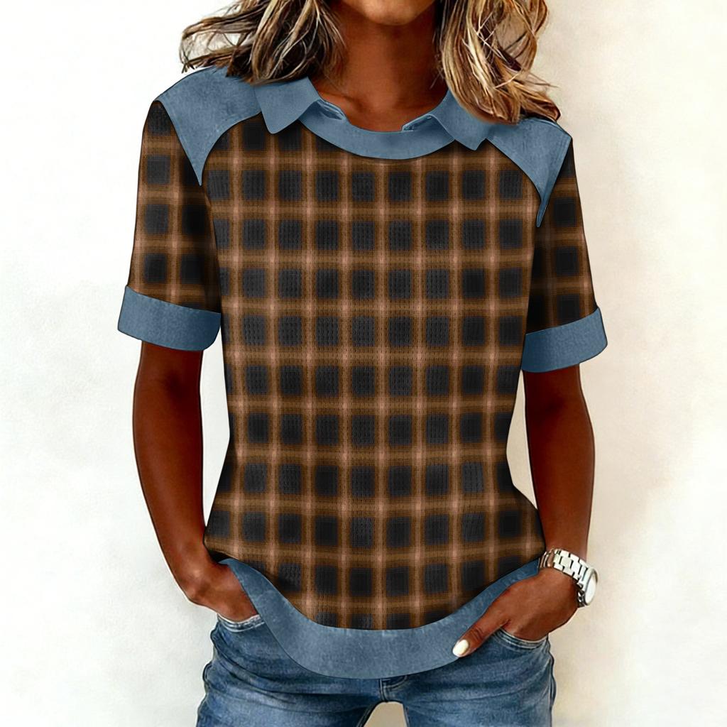 Women's Fashion Collar Cowboy Splicing Sweatshirt Casual Printed Hoodie Short Sleeve Shirt Top