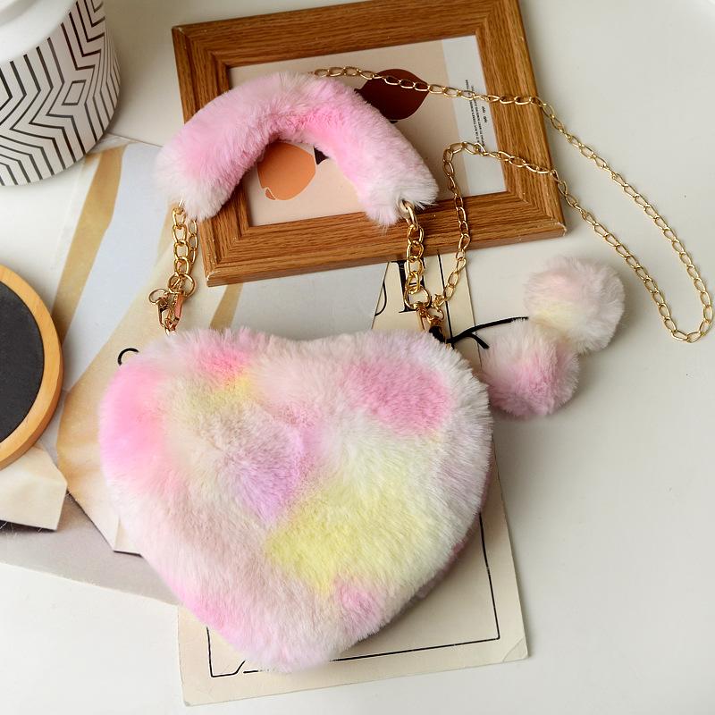 Color love plush bag single shoulder underarm women's bag new peach heart bag crossbody strap chain handbag