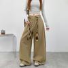 Washed Cotton Overalls Women's Autumn New High-waisted Design Lace-up Retro Drape Wide-leg Pants