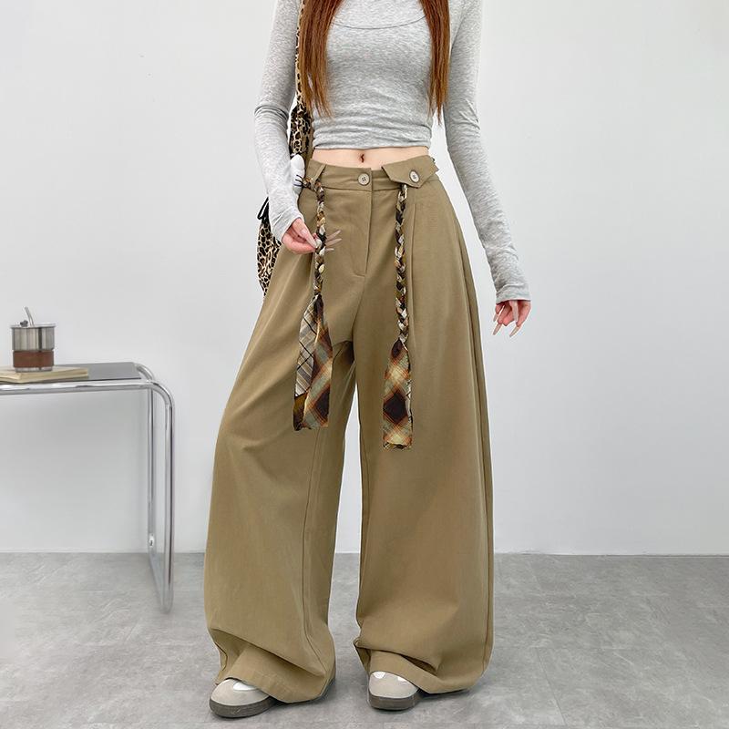 Army Green Retro Tooling Wide-leg Pants Women's Autumn New High-waisted Lace-up Flower Rope Lazy Scimitar Pants