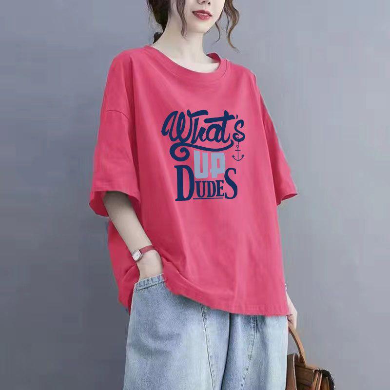 Tops Women Cotton Summer Large Size T-shirt Polo Neck Loose Printed Casual Pullover T-shirt Top
