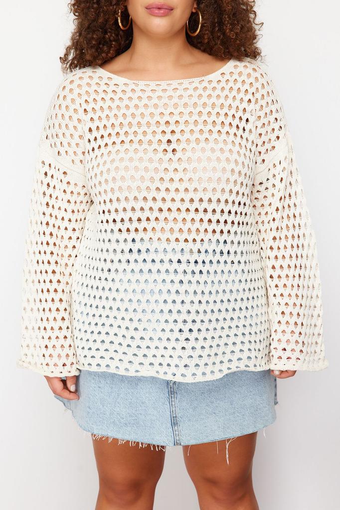 Damen Stil Übergröße Beige Durchbrochen Perforiert Niedriger Ärmel Feinstrickpullover