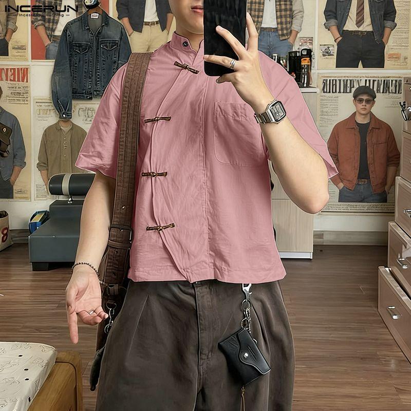 INCERUN Oversized Men Summer Short Sleeve Side Buttons Casual Vintage Tops Shirts