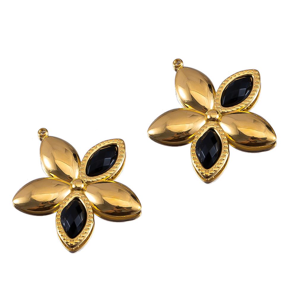 2Pcs Fashion Black White Heart Flower Earrings Charms Golden Plated Stainless Steel Zirconia Petal Pendant Necklace DIY Findings