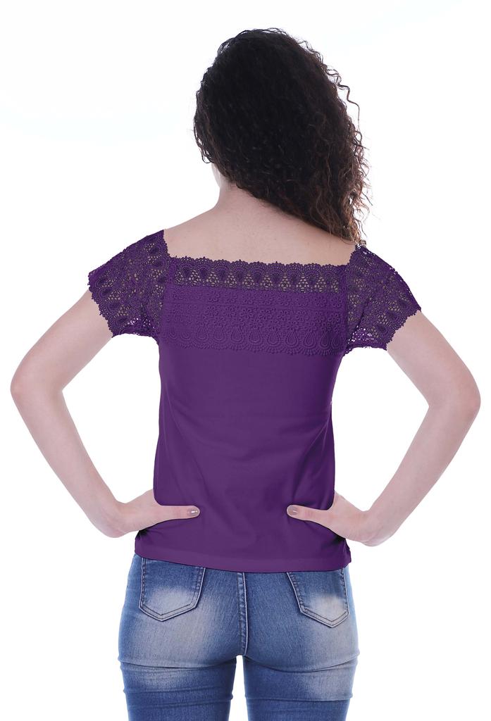 Moomaya Lace Sleeve Tops For Women Plain Boat Neck Tee Shirt