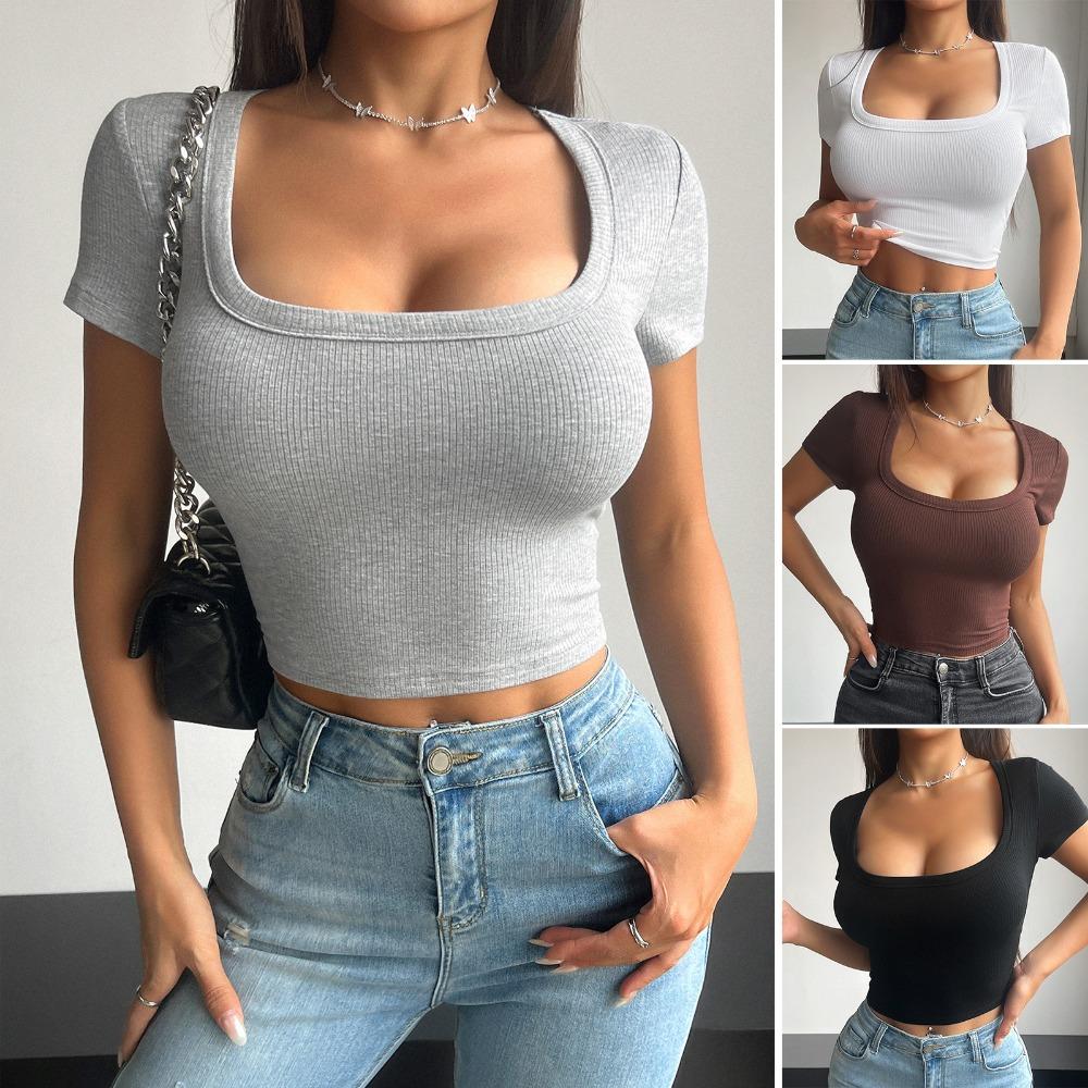 Spring and Summer Solid Color Square Neck Short Navel-baring Fashionable T-shirt