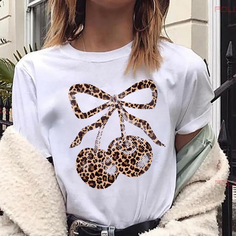 

Womens Cherry Print TShirt Crew Neck Short Sleeve Casual Top Regular Length Knit Fabric Fruit Vegetable Tees Y2k Top 4XL
