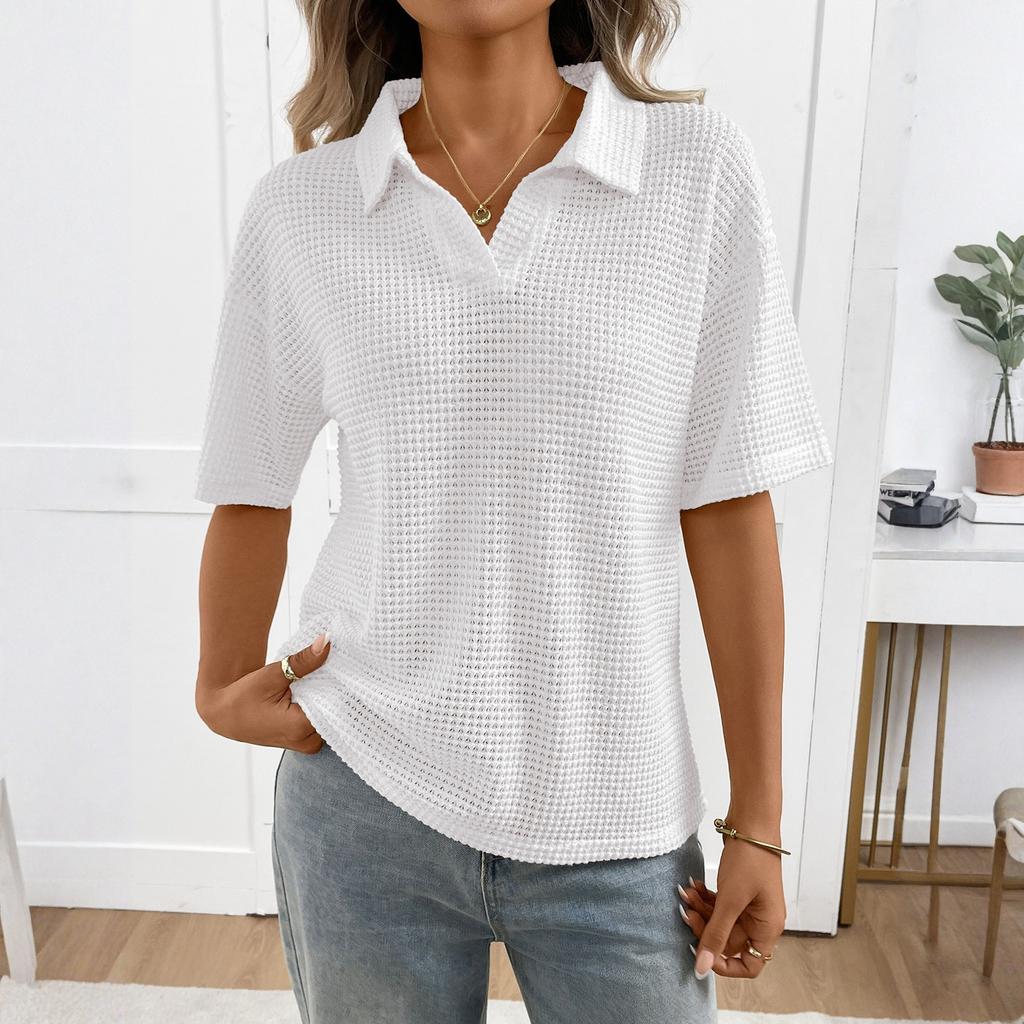 Women's Collared Color Knit Pullover Loose Short,sleeved T,shirt