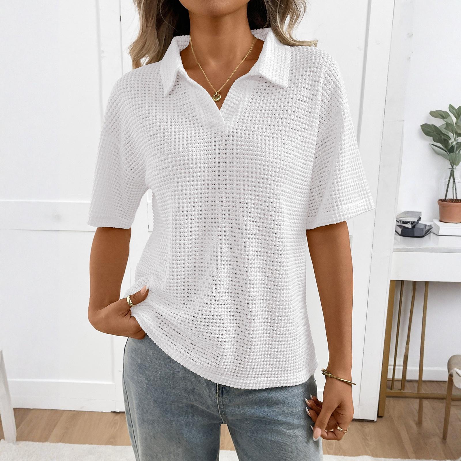 

Women s Collared Color Knit Pullover Loose Short,sleeved T,shirt L білий
