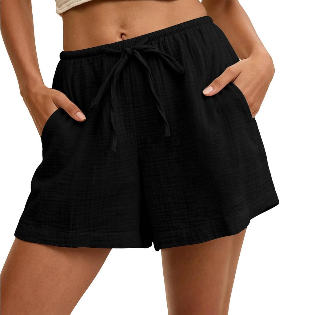 Women's Casual Drawstring Waist Shorts with Pockets Lightweight Cotton Linen Blend Relaxed Fit Summer Beachwear Bottoms