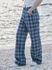 MAGOODGAN Fate 7657 Weit geschnittene Latzhose Karomuster Indigoblauer Denim