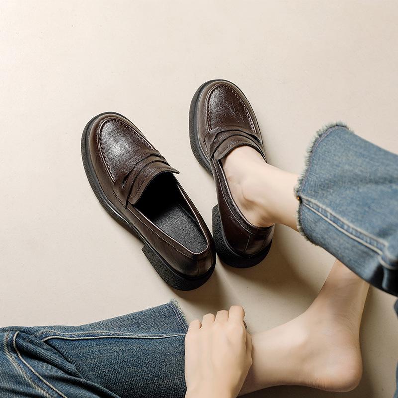 

Версия из овчины~ Лоферы на платформе в британском стиле, женские ленивые туфли на одной педали, универсальные одинарные туфли, обувь в стиле колледж для формы jk 39 темно-коричневого