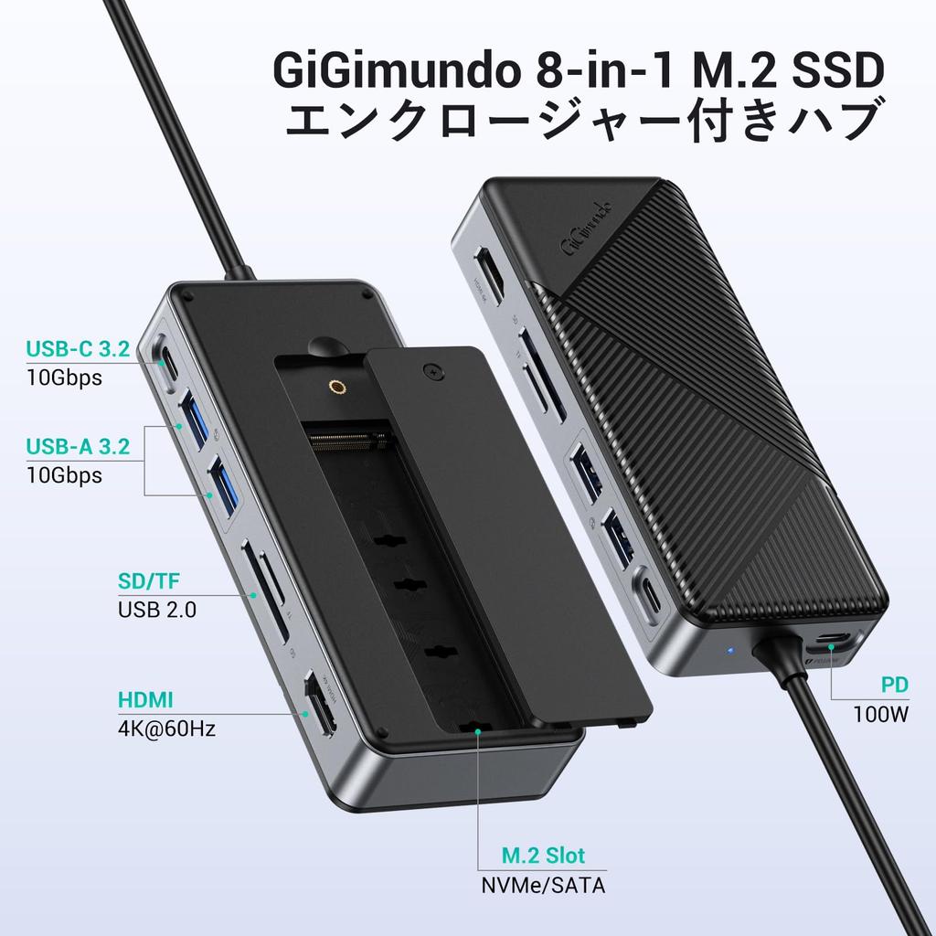 GiGimundo SSD External Case 10Gbps USB Gen2 USB C Hub with NVMe SSD Enclosure SSD Docking Station SD and TF Card Slots PD 100W Fast Charging for