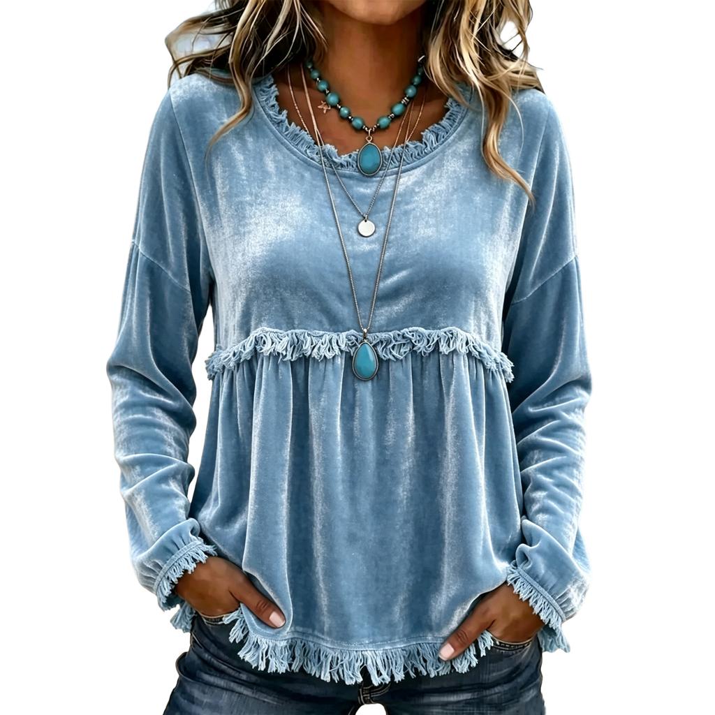 Women's Casual Loose Fit V-Neck Long Sleeve Fringed Color Shirt