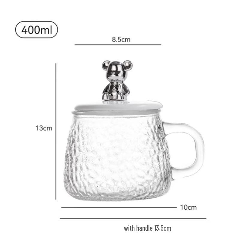 Internet Celebrity Bear Mug: Hammer Pattern Glass with Lid & Spoon, Ideal for Home, Office, or as a Souvenir Coffee Cup.