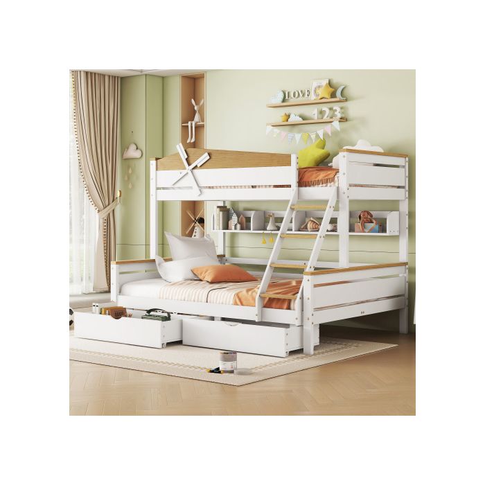 Lit superposé - MUVOE - Moulin à vent - Blanc + Naturel - 90x200cm &amp; 140x200cm - 2/3 places