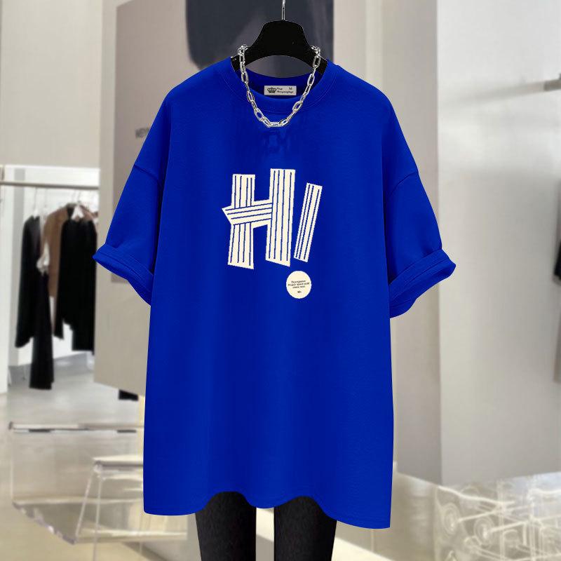 Neuer Sommer Koreanischer Stil Hong Kong Stil Design Buchstaben Trendige Große Version Locker Grau Kurzarm T-Shirt für Damen Mittellang