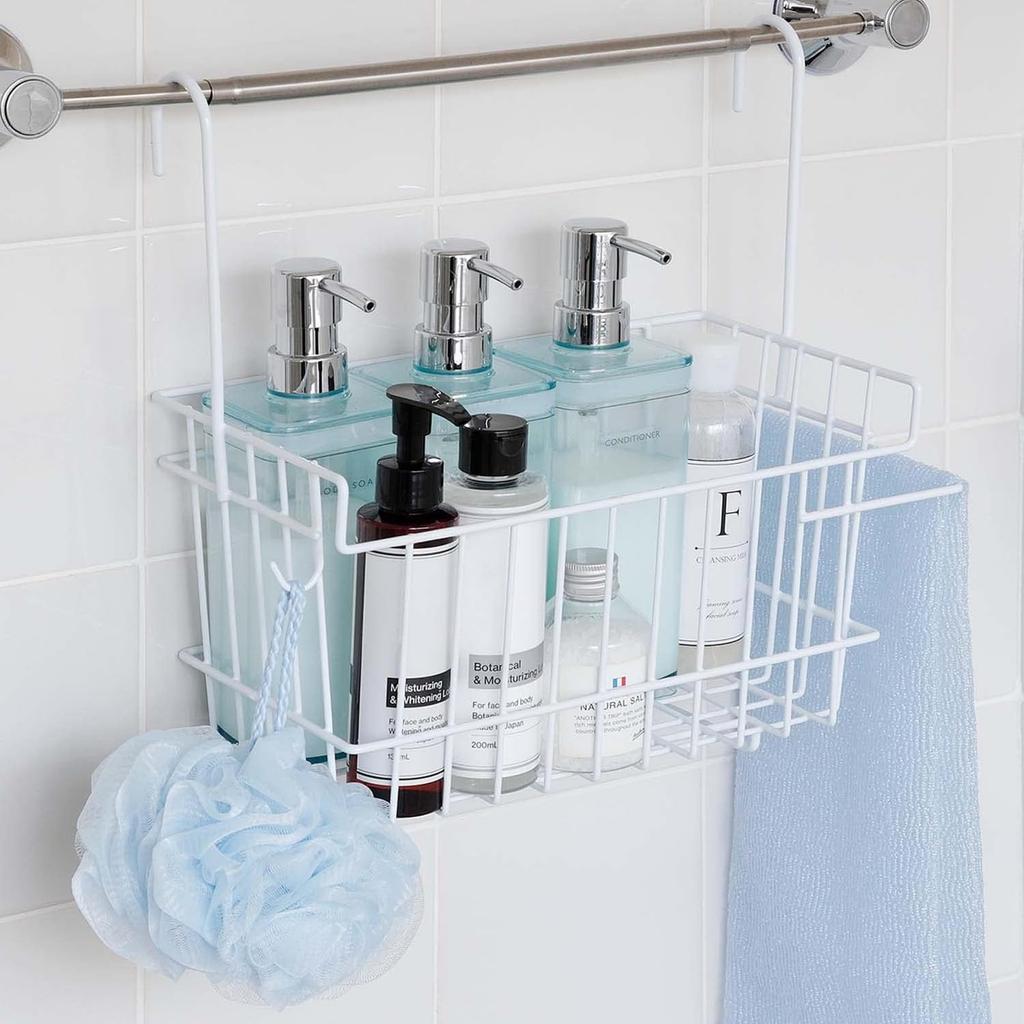 Ernest Bathroom Hanging Basket, Slim Towel Hanger with Accessory Hooks, 34.5cm Wide X 16.5cm Deep X 33.5cm High, White, Bathroom Storage Rack, Tsubame