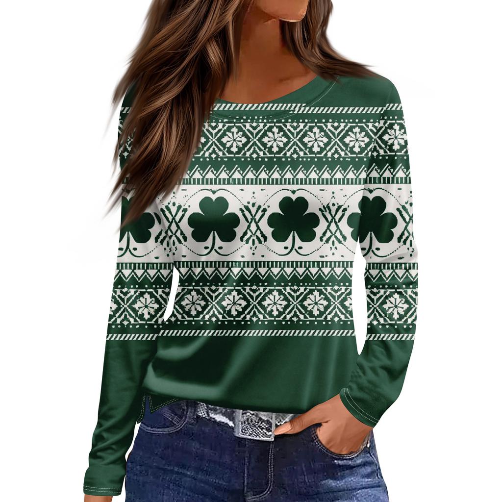 Women's Fashion Casual Slit Hem Round Neck Long Sleeve Loose Printed T-Shirt Ladies Top