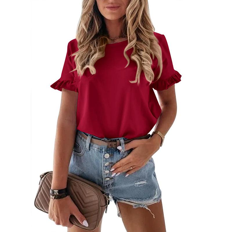Women's Short Sleeve Casual T Shirts Summer Ruffle Plain Round Neck Loose Fit Tee Blouse Tops