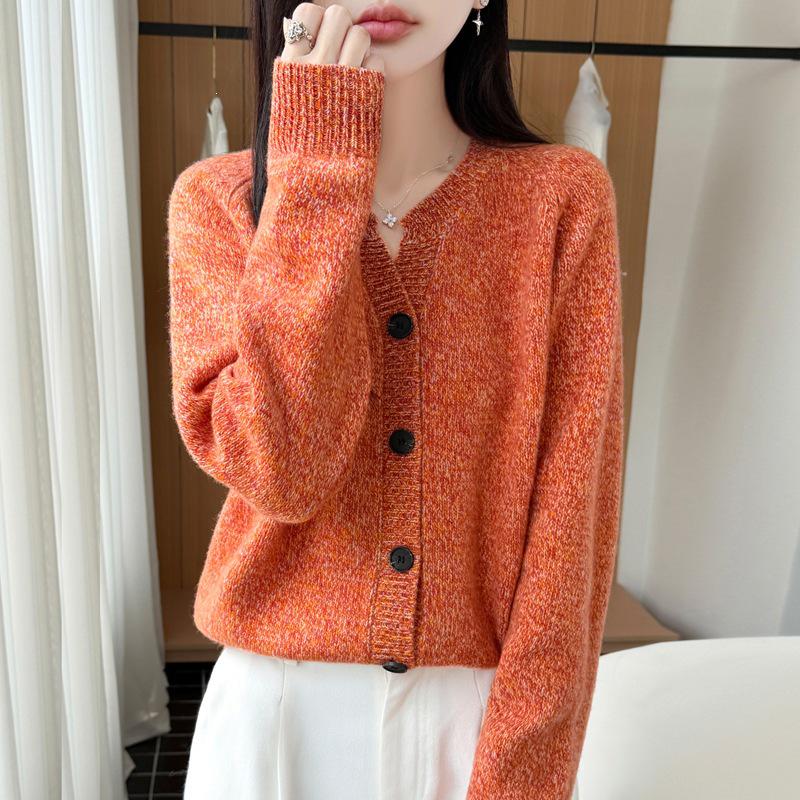 Autumn/Winter Pure Wool Thick V-Neck Long Sleeve Heather Yarn Cardigan Sweater