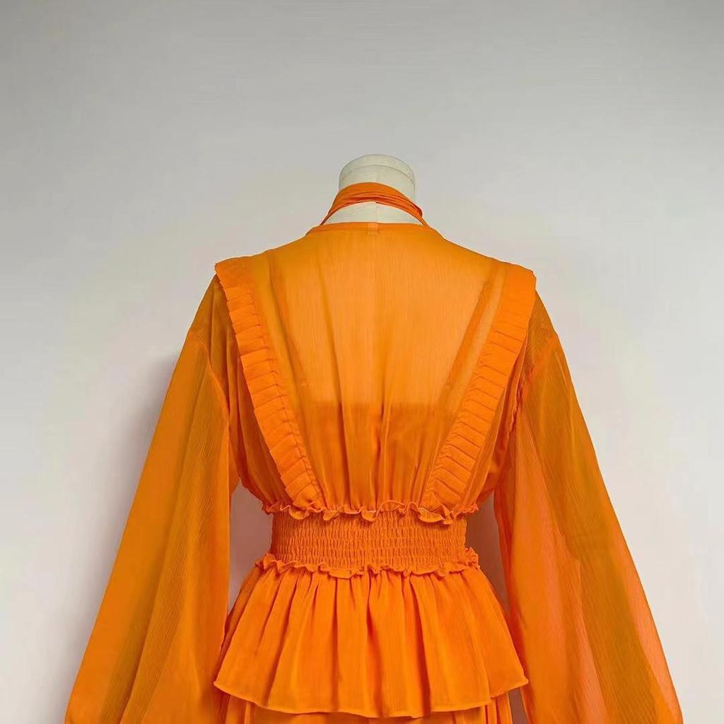 2023 Autumn Chiffon Ruffle Layered Long Dress for Women