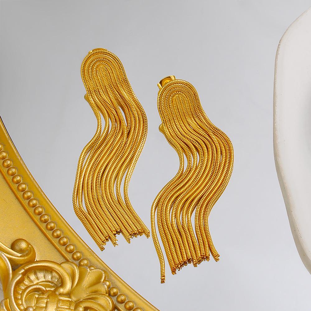 Mei Shi Duo European 18K Gold Tassel Earrings, Stainless Titanium Steel, Fashionable Long Dangle Accessories for Women