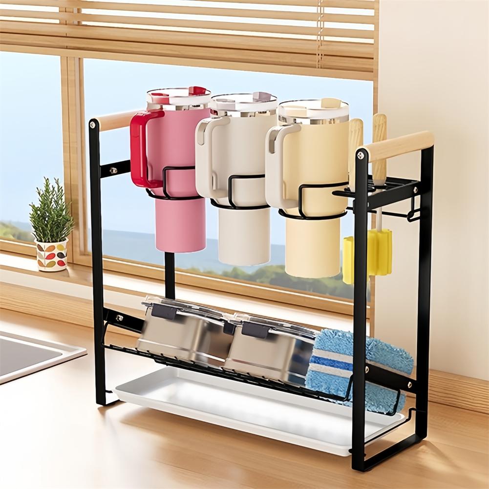For Kitchen Countertop Tumbler Organizer Water Bottle Holder with Drainage Tray Drying Rack and Side Brush Storage
