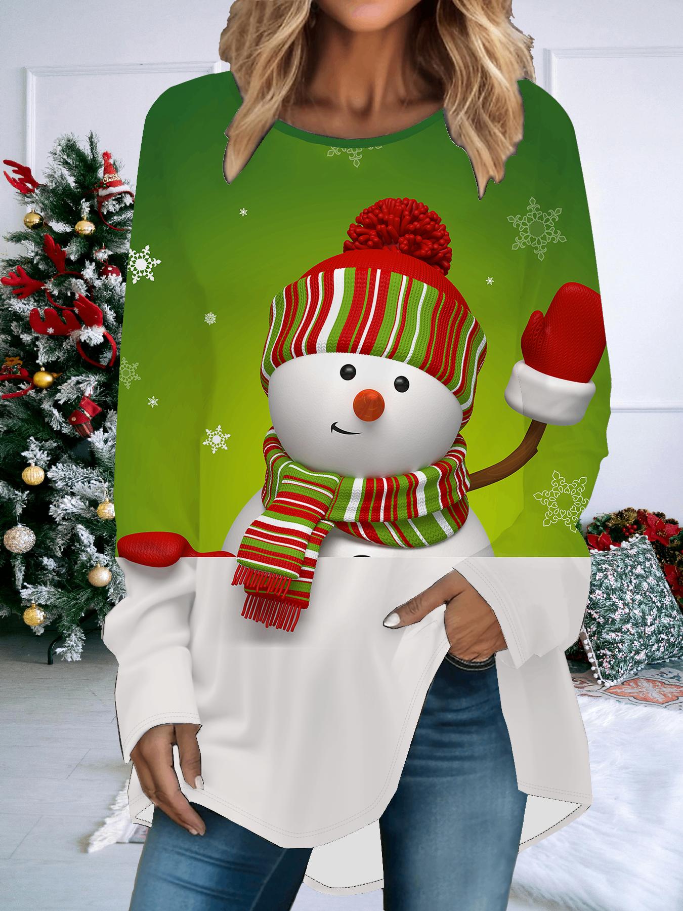 

Женская футболка больших размеров с принтом на весну и Рождество, удобная, с длинным рукавом и круглым вырезом, повседневная, свободного кроя, средней длины, топы 8XL зелёный