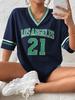 Nuova T-Shirt Stampata Los Angeles N.21 da Donna Estate Scollo a V Manica Corta Sportiva Maglia da Calcio Y2K Top Larghi Oversize
