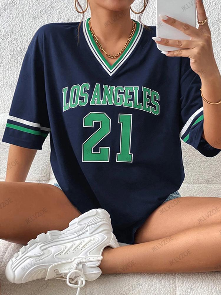 Nuova T-Shirt Stampata Los Angeles N.21 da Donna Estate Scollo a V Manica Corta Sportiva Maglia da Calcio Y2K Top Larghi Oversize