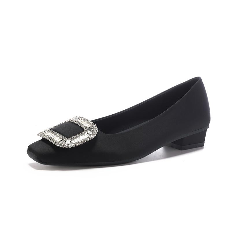 Rv Silk Satin Rhinestone Light Mouth Comfortable Ladyshoes Thick Heel Square Head Single Shoes Women'S Buckle Large Size Women'S Shoes