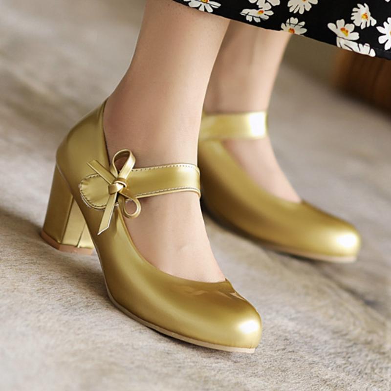 Dámské boty Mary Janes s blokovým podpatkem 2025 Jaro Luxusní Bílá Zlatá Růžová Stříbrná Černá Boty na svatbu s podpatkem Dámské Velká velikost 45