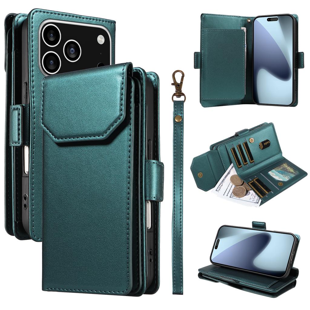 For iPhone 17 Pro Case with Multi-Card Holder and Strap PU Leather Phone Cover Stand