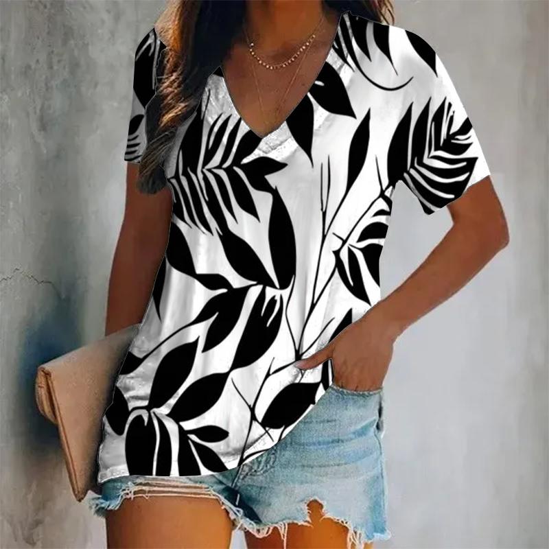 

2024 Элегантный женский топ с коротким рукавом, женская футболка с V-образным вырезом и принтом в виде листьев, летняя дышащая футболка S