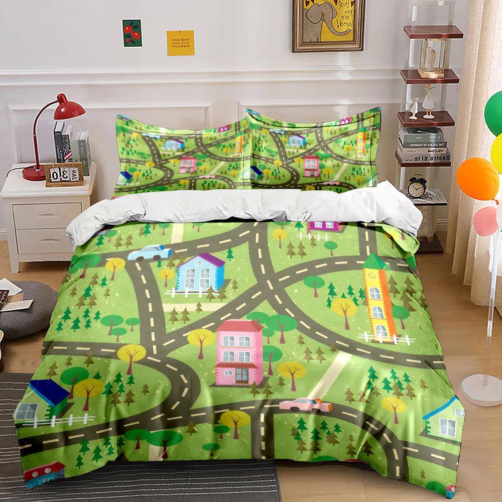 "Colorful Town Map Play Set" Kid's and Adults' Bedroom Decor, Exquisite Three-piece Bedding Set Gift