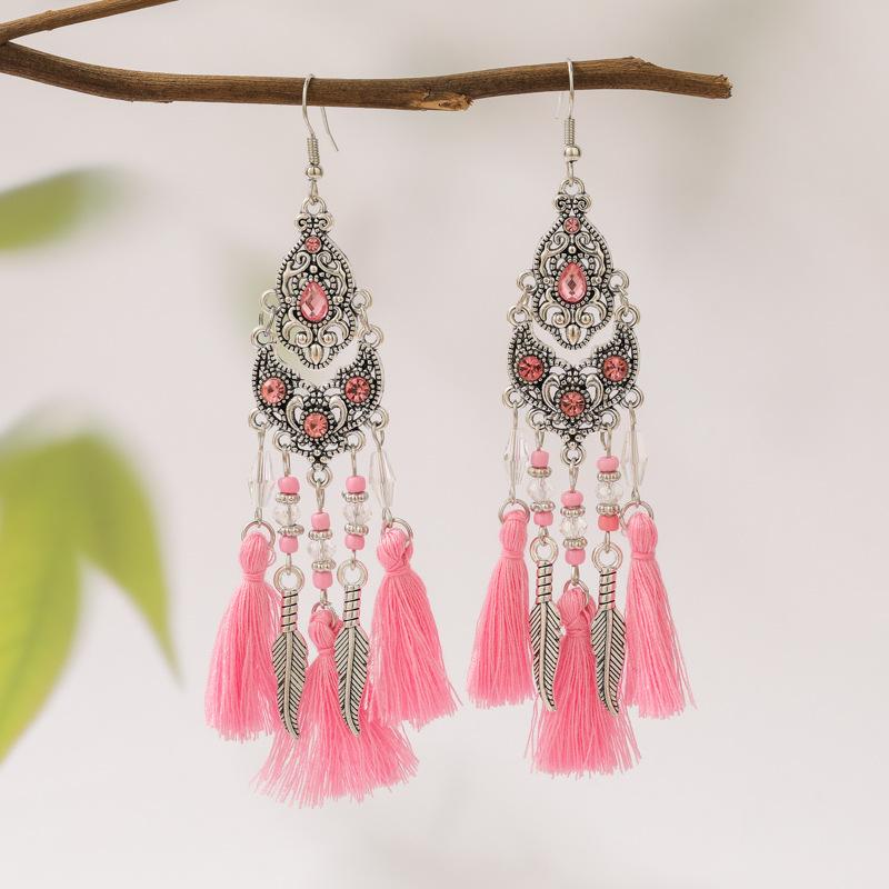 New Ethnic Temperament Tassel Earrings for Women Fashion Long Rhinestone Rice Bead Leaf Dangle Earring Wedding Party Jewelry