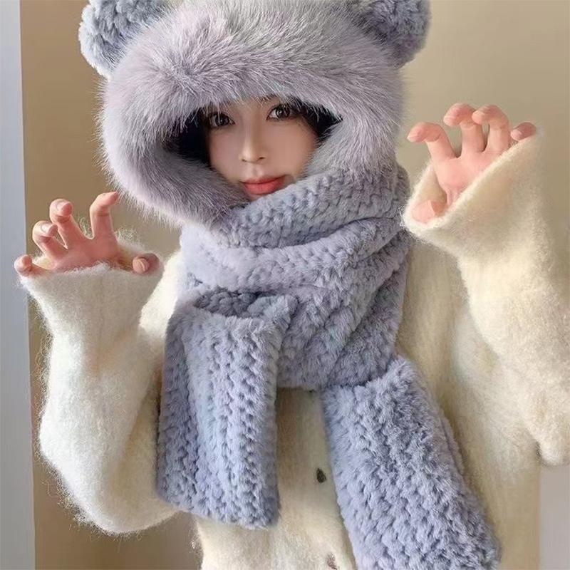 Sombrero de Peluche con Orejas de Conejo y Bufanda Para Mujer Estilo Invierno Lindo Grueso Cálido Protector de Orejas Sombrero Lei Feng