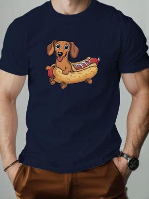ZX Summer Mens Casual Summer Cartoon Sausage Dog Hot Dog Pattern Tshirt  Lightweight and Breathable Round Neck Top Adult Style