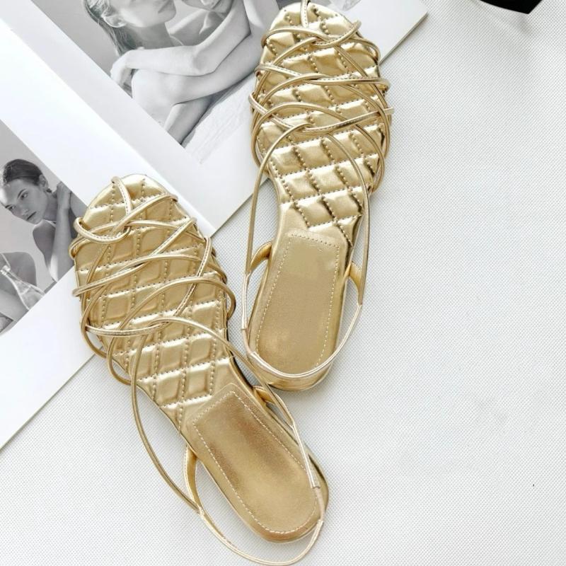 

Fashion Gold Woven Hollow Flat Sandals Women Fashion Cross Tied Brand Designer Shoe Summer Sexy Non-slip Beach Sandal Sandalias De Mujer 40 золотой