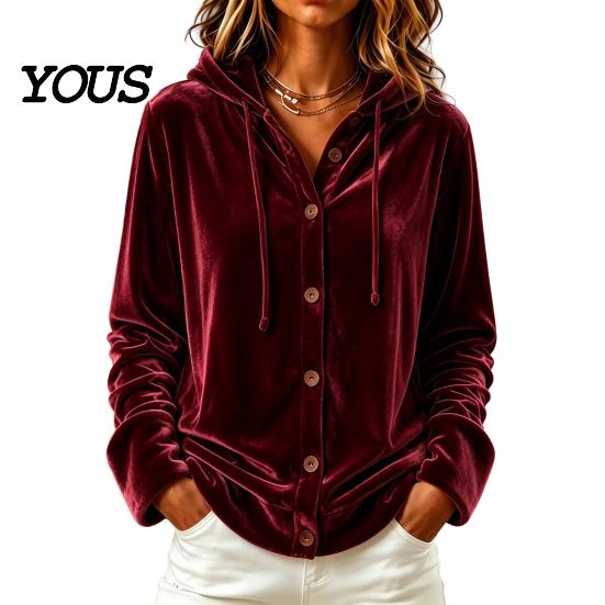 Button Down Coat Women Front Velvet Hoodie, Long Sleeve Hooded Jacket, Soft Outerwear Loose Fit Casual Drawstring for Autumn Winter Apparel
