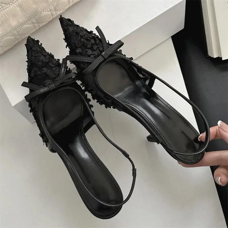 Fashion New Embroidery Flower Bow Design High Heels Women Sexy Pointy Toe Slingbacks Heeled Sandals Summer Elegant Party Dress Shoes