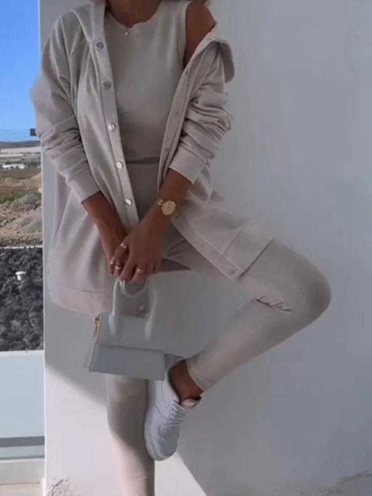 Damski Zestaw Kardigan z Kapturem z Topem Bez Rękawów i Legginsami, Strój Casual na Wiosnę i Lato