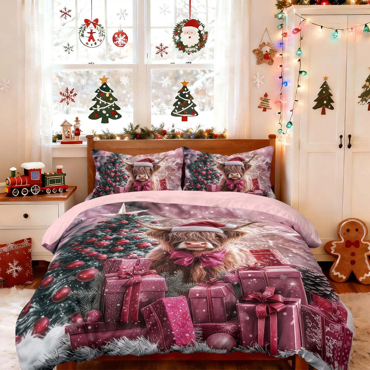 

3Pcs Valentine S Day Pink Highland Cow Gift Print Coreless Bedding Multiple Size Bedrooms Bedding Decoration Machine Washable 135x200cm-EU-Single&set