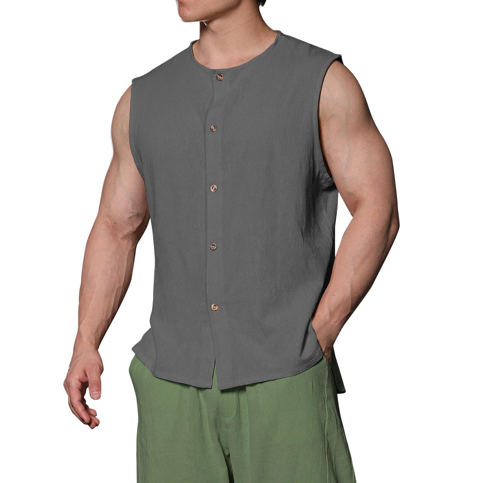 

Мужская однотонная рубашка без рукавов с круглым вырезом из хлопка и льна на пуговицах M