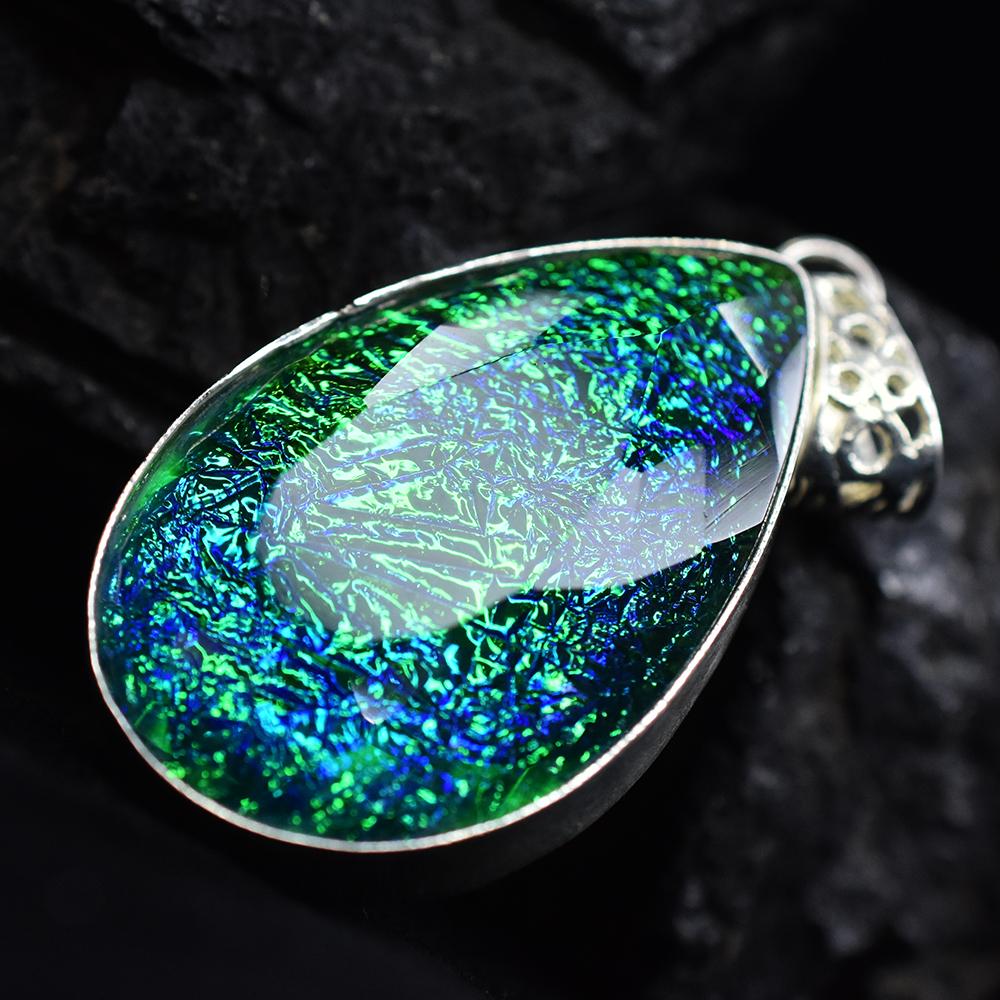 925 Sterling Silver Pendant 79 ct Pear Cut Lab-Created Ammolite Gems Gemstone Jewelry Gift