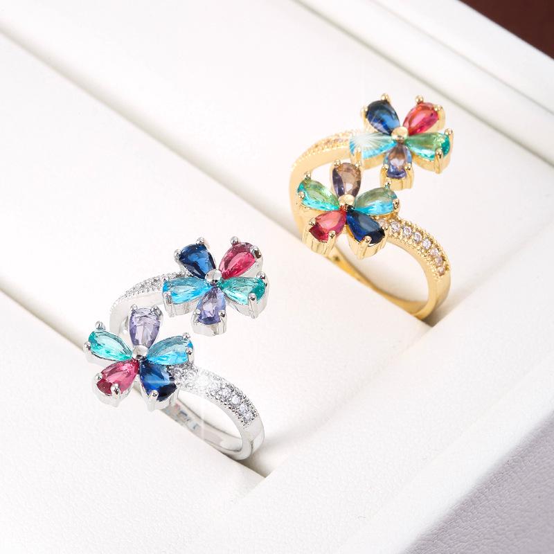 Trendy Flower-Shaped Colorful Zirconia Adjustable Ring