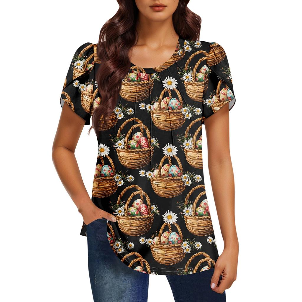 Women's Fashionable Round Neck Short Sleeve Printed Casual Basic Pleated Pullover T-shirt Top